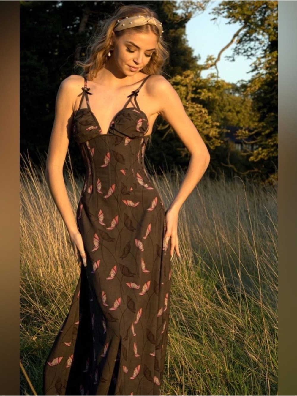 Corset Story Grey Poppy Floral Corseted Maxi Dress 24” Small